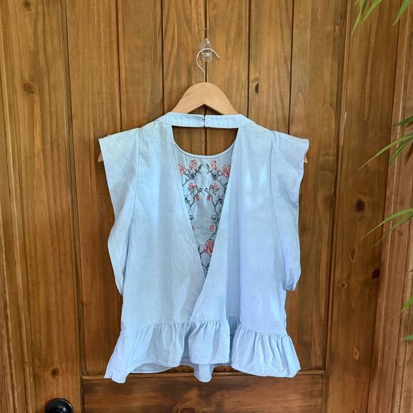 Zara Lightweight Cotton Floral Embroidered/Beaded Ruffle Top in Light Blue - Picture 4 of 9